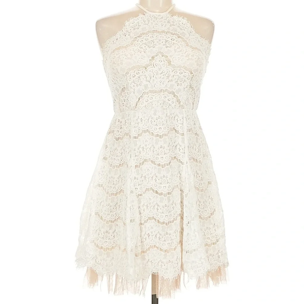 Francesca’s halter White Lace Sleeveless nude‎ overlay mini Dress Sz S